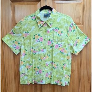 Erika Women's XL Shirt Top Linen Blend Button-Down Front Tropical Short Sleeves